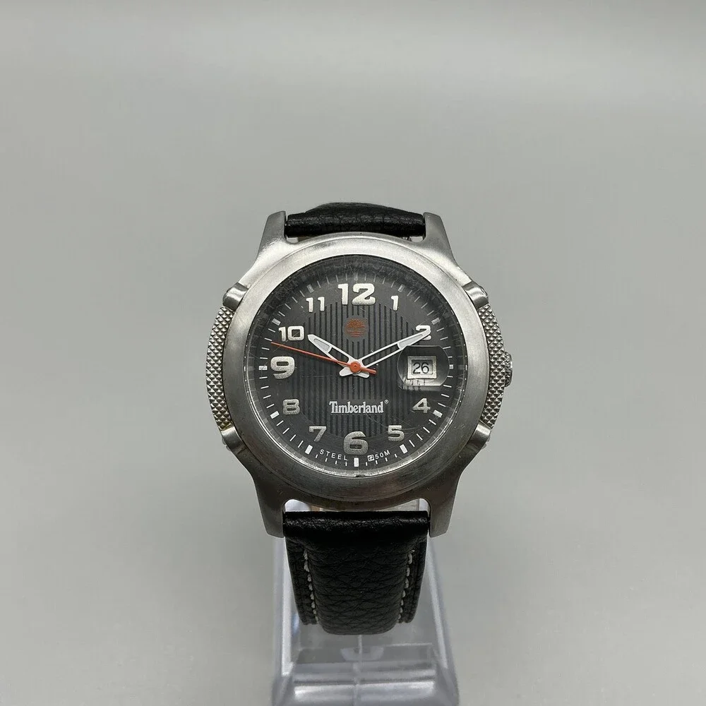 Timberland Mens Watch 40mm Black Dial Leather Date Indiglo 50M WR New Battery